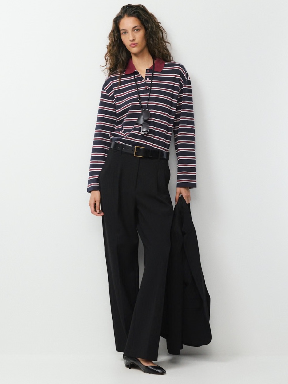 Aritzia Babaton InterLock Cotton Eton Long Sleeve Polo Top Striped M